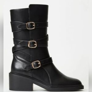 JustFab Greer Faux-Leather Black Buckle Midcalf Boots Women's Size 7 Brand New